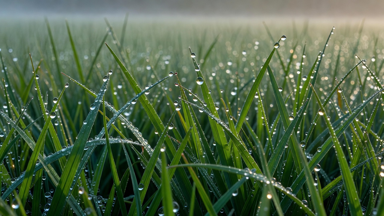 Dew droplets on grass blades after a cool, clear night