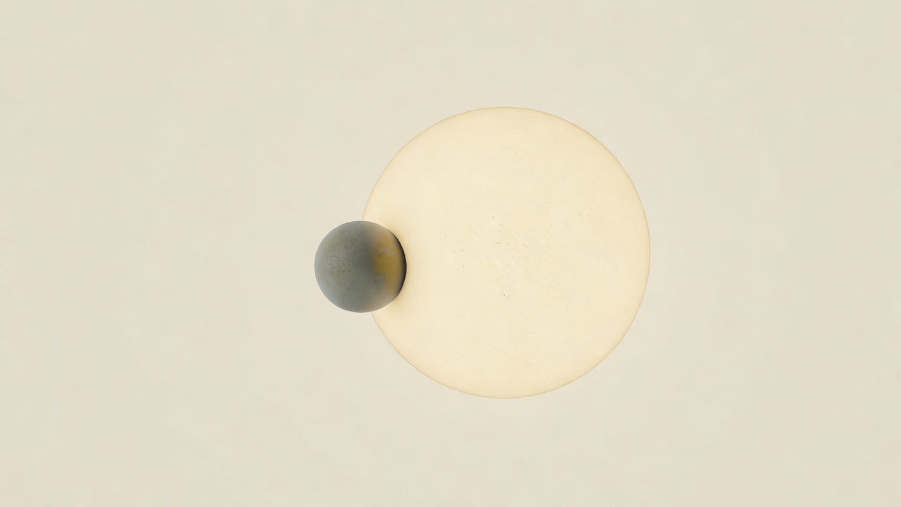 Soft-lit model of a small planet passing in front of a larger star on a cream background, not to scale