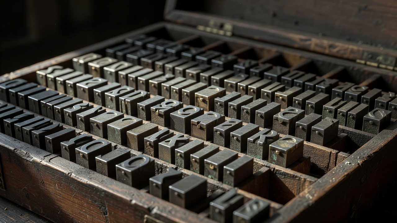 Close view of reusable metal letter blocks arranged in a historic printing case